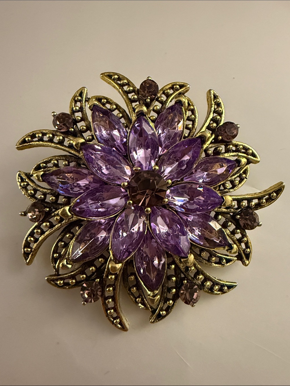 Vintage-Inspired Purple Crystal Floral Brooch